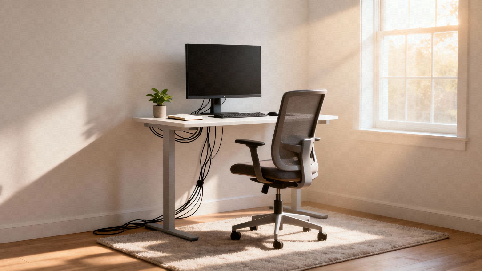 A bright home office setup featuring a standing desk, computer monitor, ergonomic chair, and a green plant.
