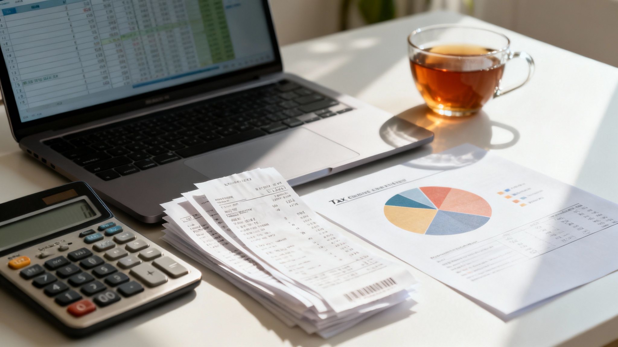 A home office setup with a laptop displaying a spreadsheet, calculator, receipts, and tax documents.