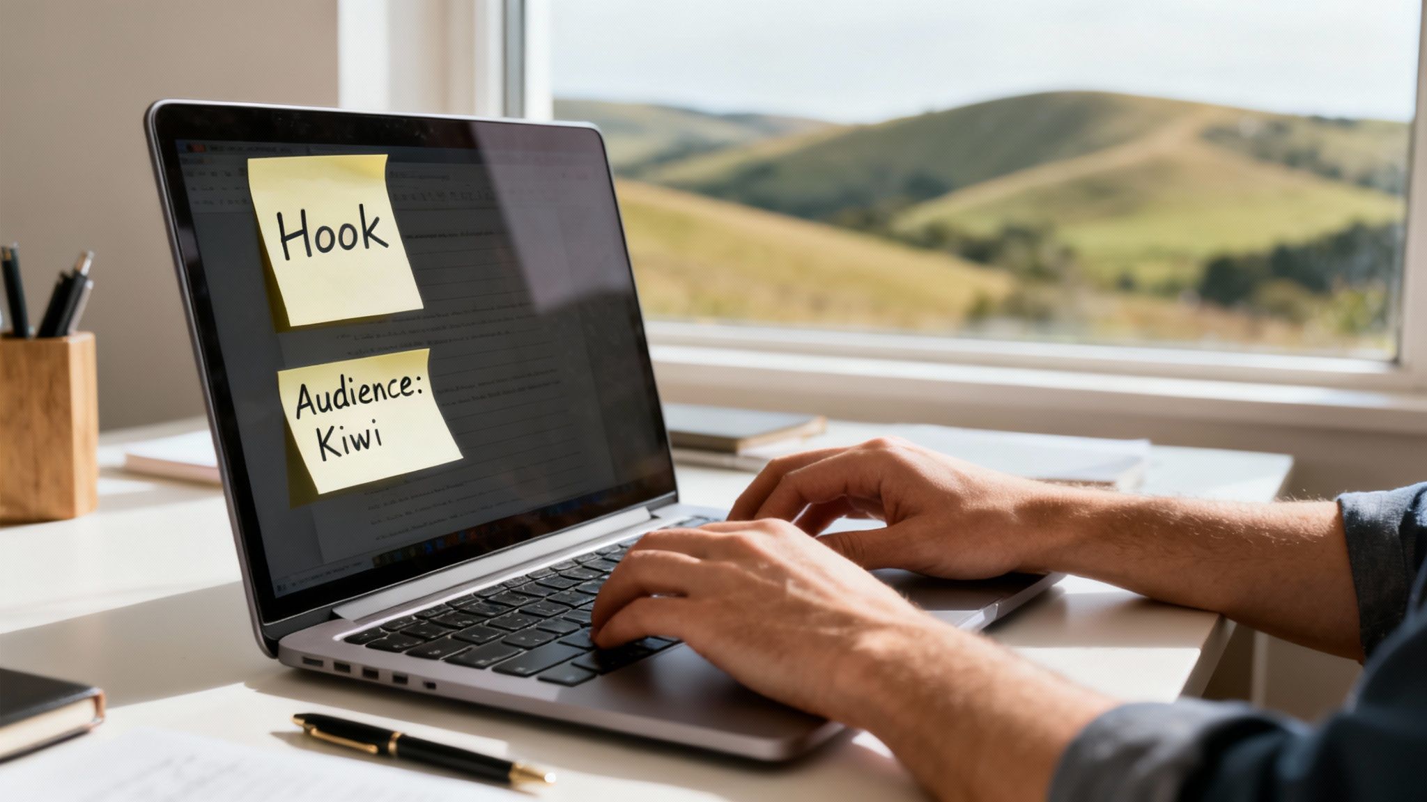 Close-up of hands typing on a laptop with 'Hook' and 'Audience: Kiwi' sticky notes.