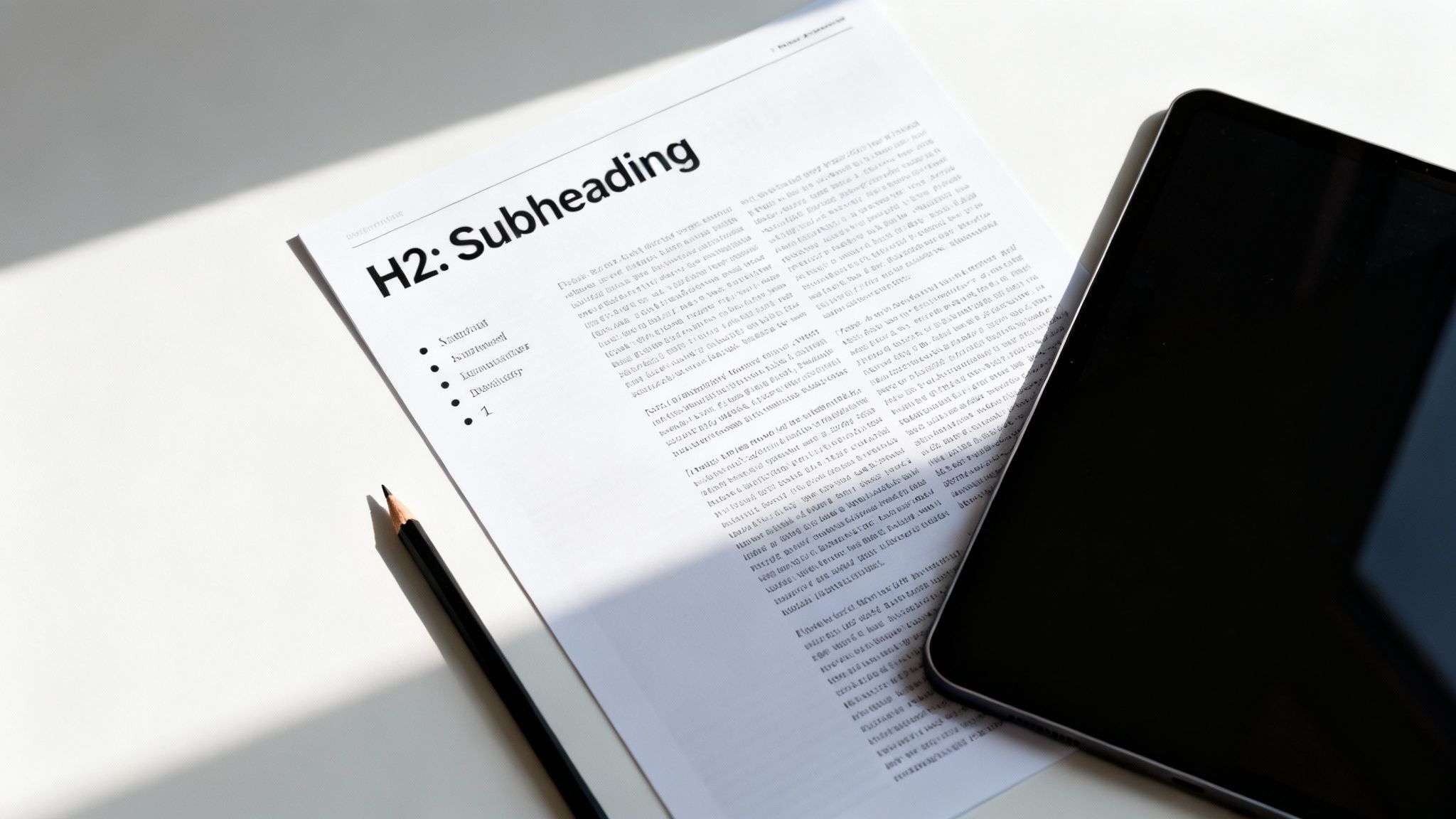 A document titled "H2: Subheading" with a bulleted list, text, a pencil, and a tablet.