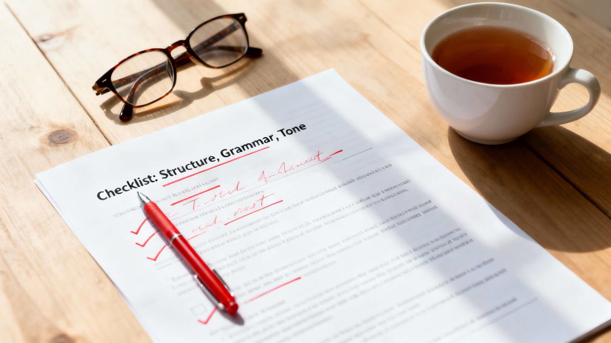 A checklist for structure, grammar, and tone with a red pen, glasses, and tea on a wooden table.