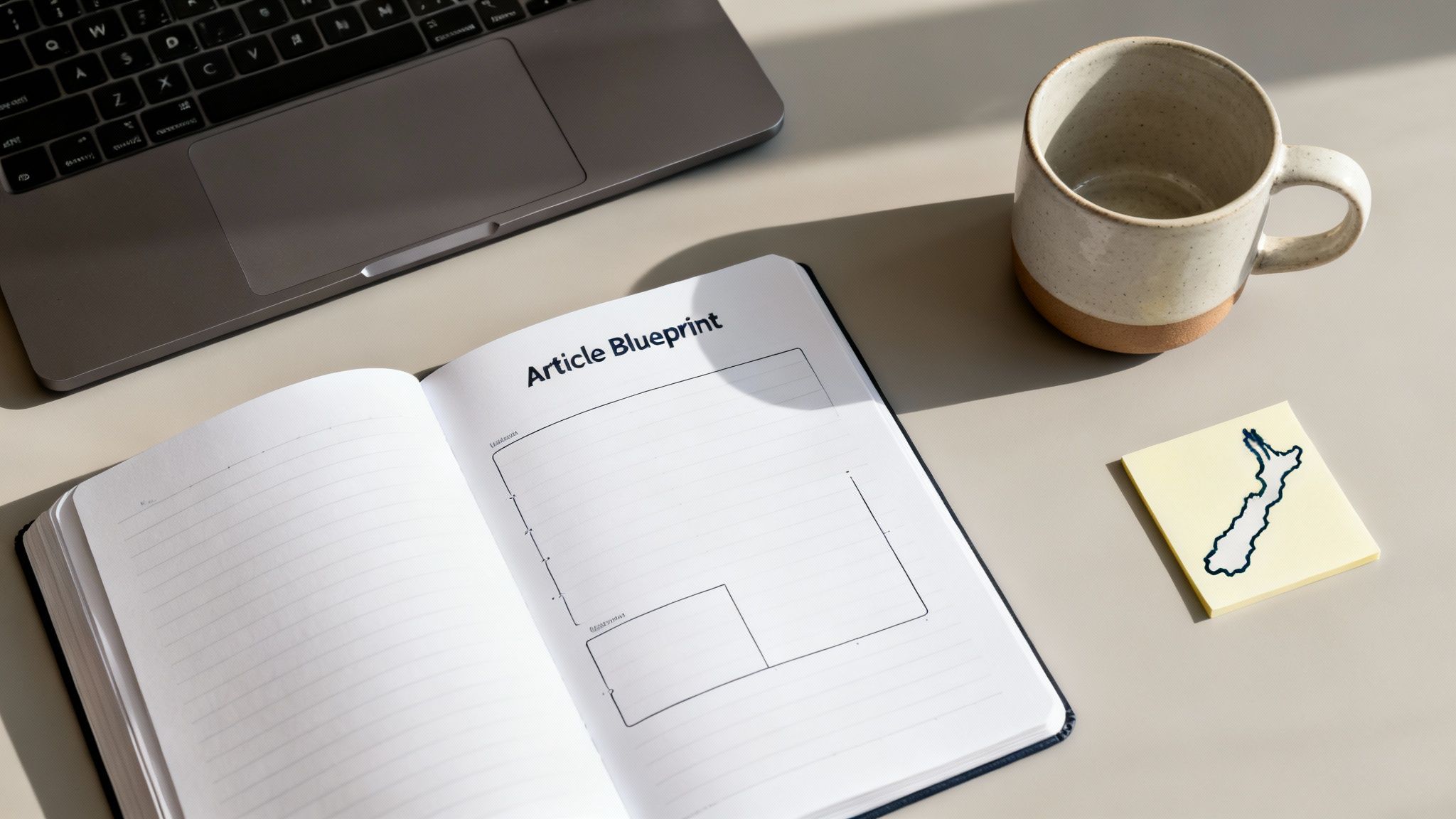 A flat lay of an open article blueprint notebook, laptop, coffee mug, and a New Zealand sticky note on a desk.