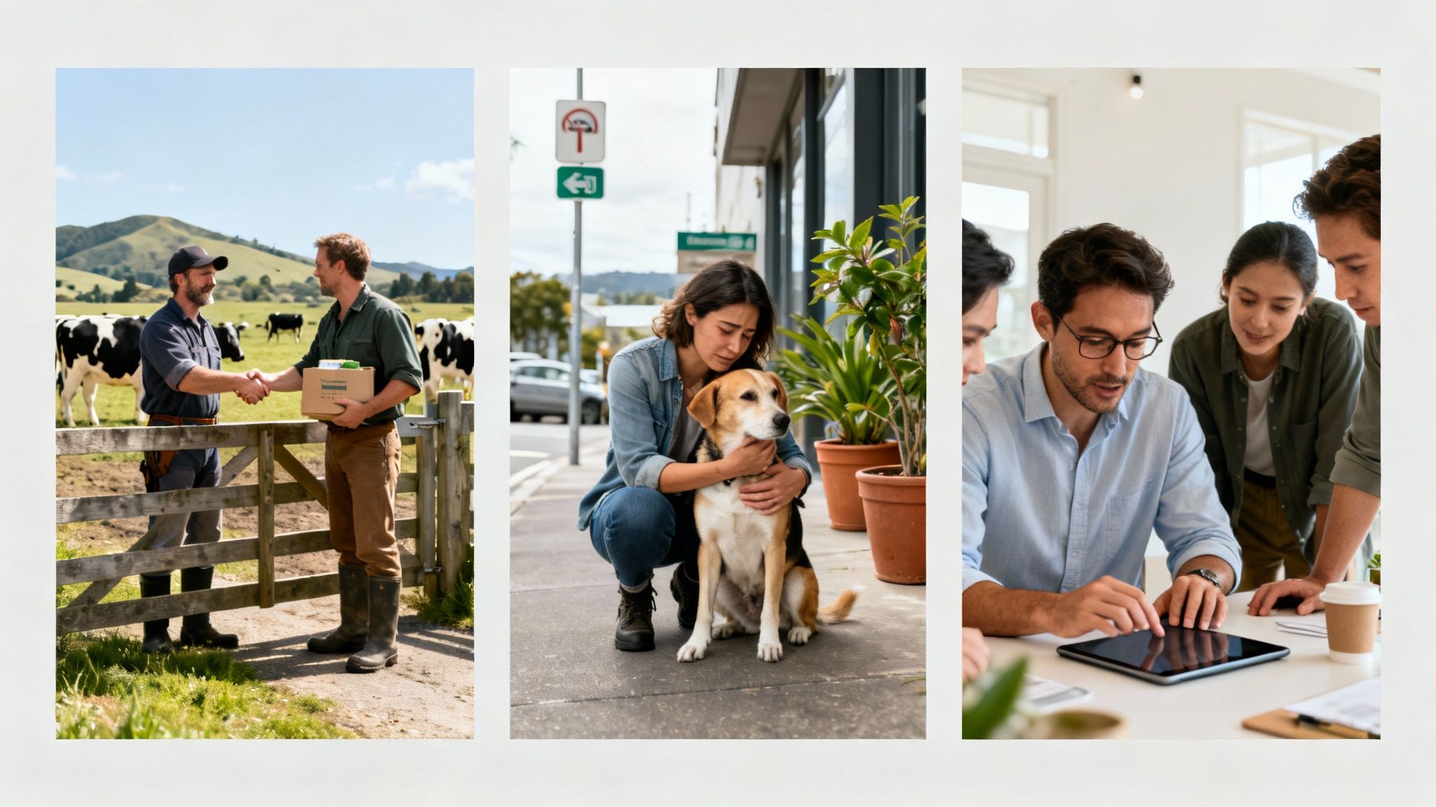 Three panels illustrating interpersonal skills: farmers shaking hands, a woman comforting a dog, and a team collaborating.