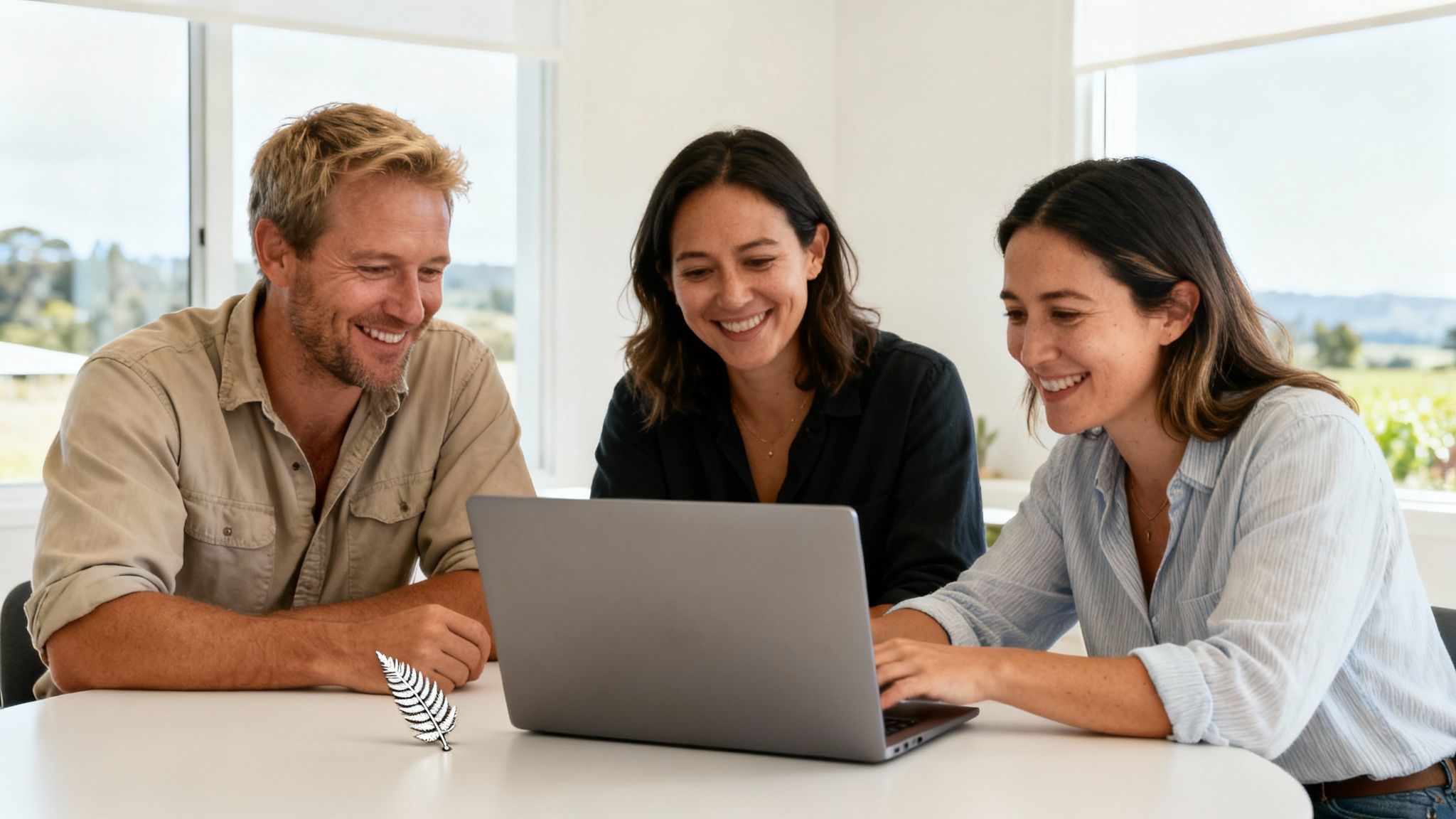 Three smiling colleagues collaborating around a laptop in a bright office with a scenic view.