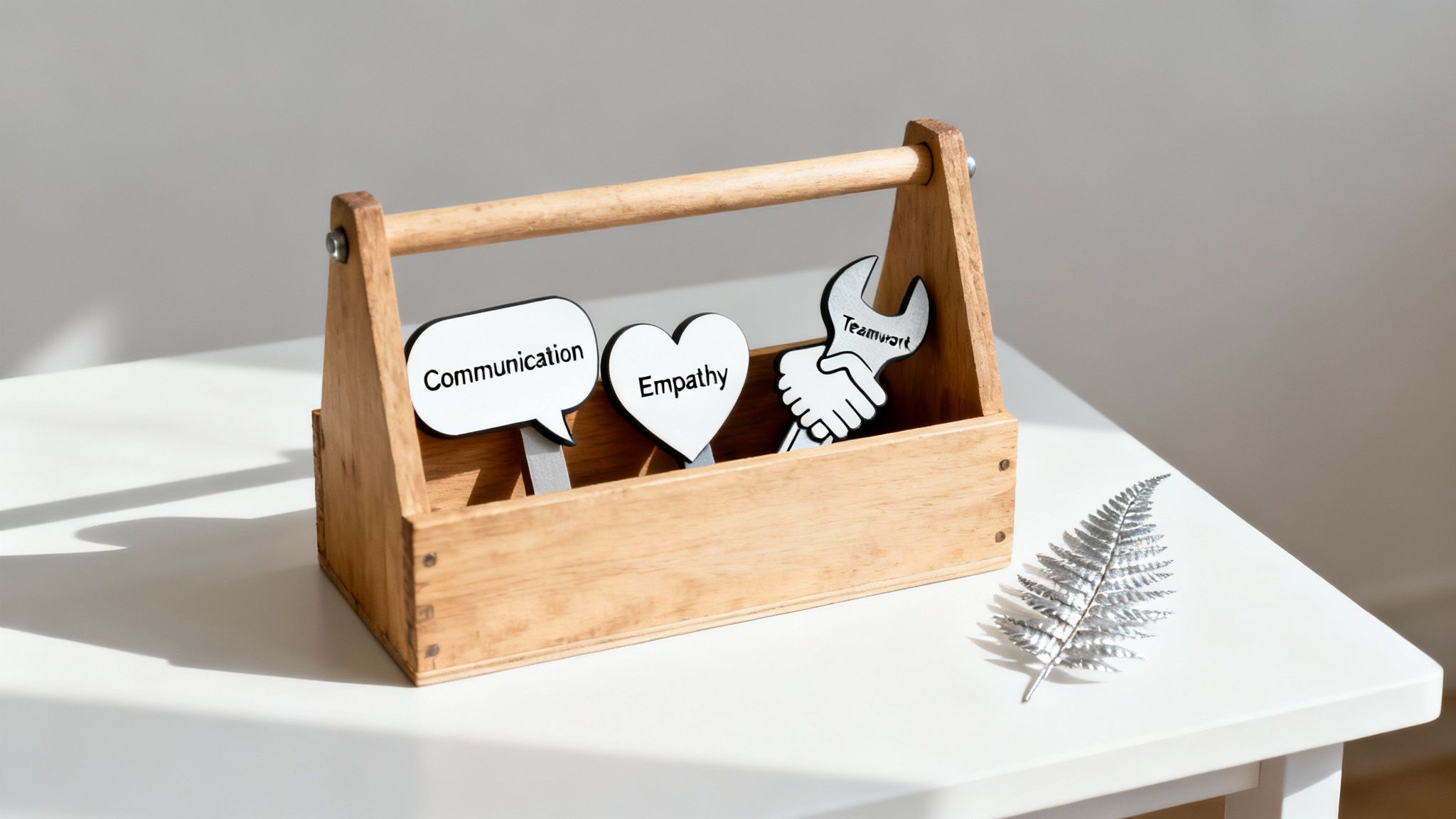 A wooden toolbox holds white cutouts labeled 'Communication', 'Empathy', and 'Teamwork', representing essential soft skills.