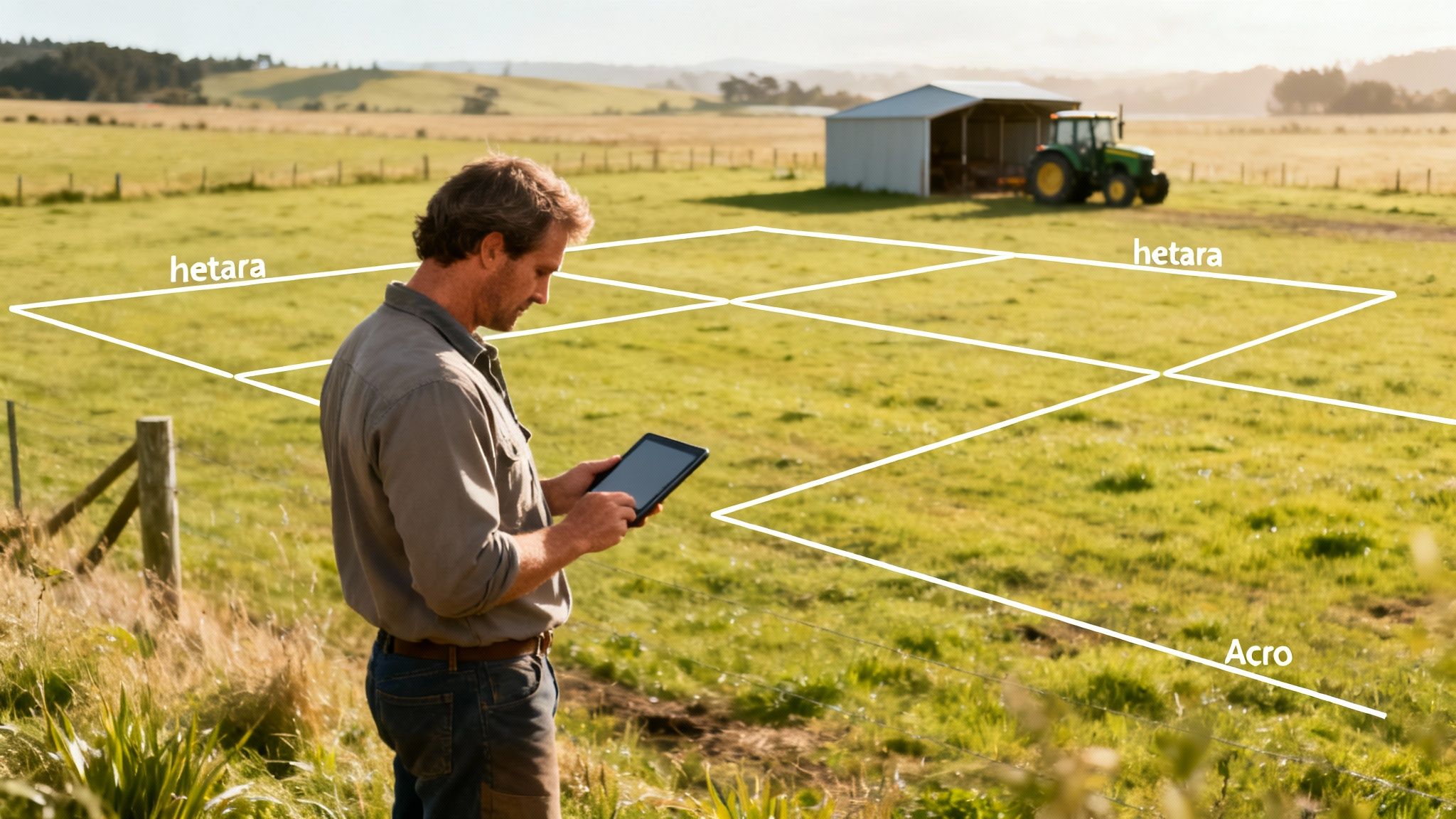 A farmer uses a tablet in a green field with visual overlays of land measurements.
