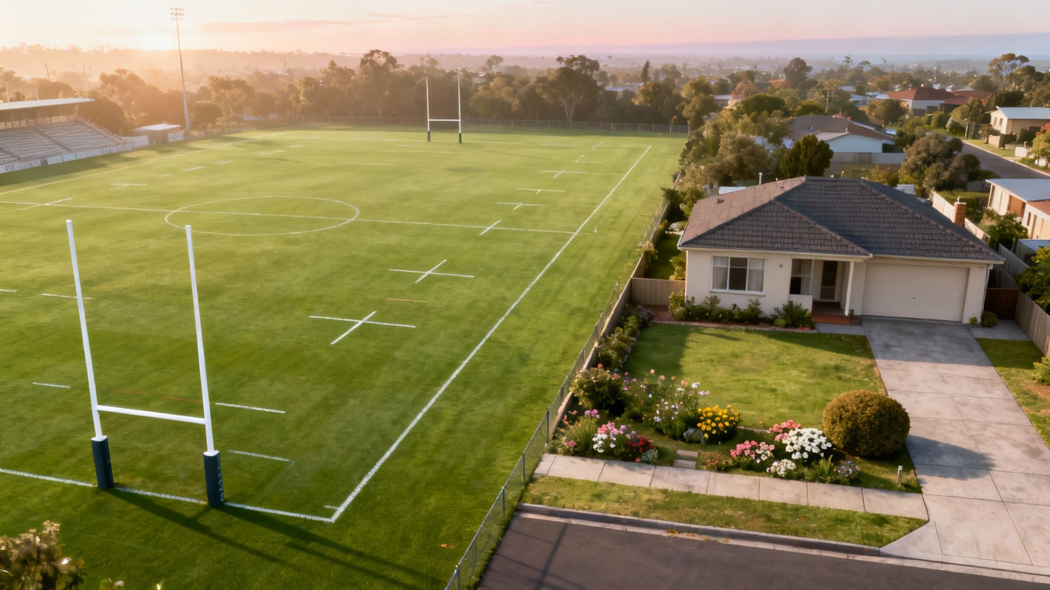Aerial view of a suburban rugby field next to a house with a garden during sunrise.