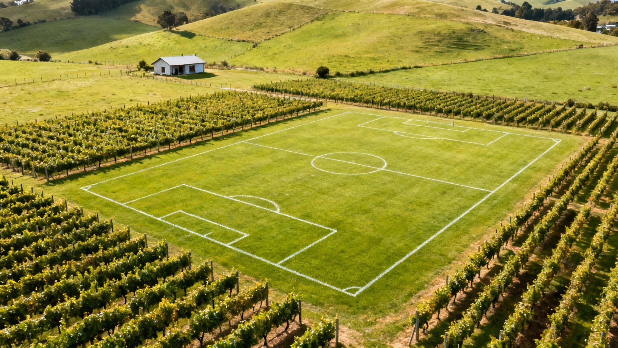 Aerial view of a vibrant green soccer field with white markings, surrounded by lush vineyards and rolling hills.