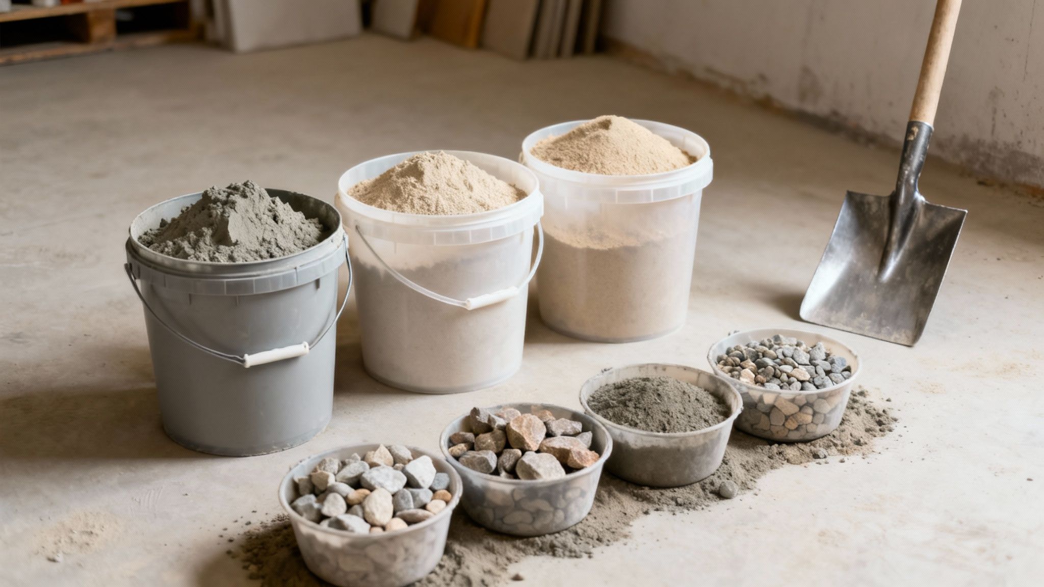Buckets of cement, sand, and bowls of gravel with a shovel, ready for concrete mixing.