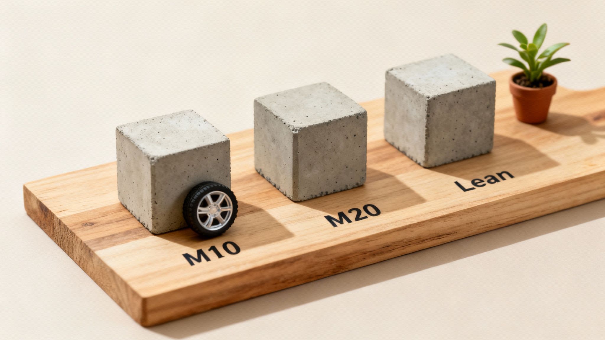 Three concrete blocks labeled M10, M20, and Lean, with a car wheel and plant, on a wooden board.