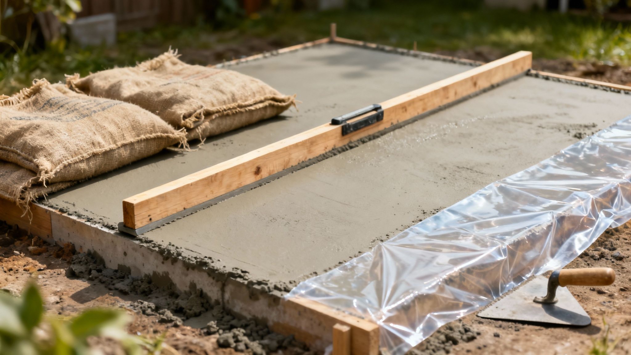 Freshly poured concrete slab with wooden forms, a level, sandbags, and a trowel.