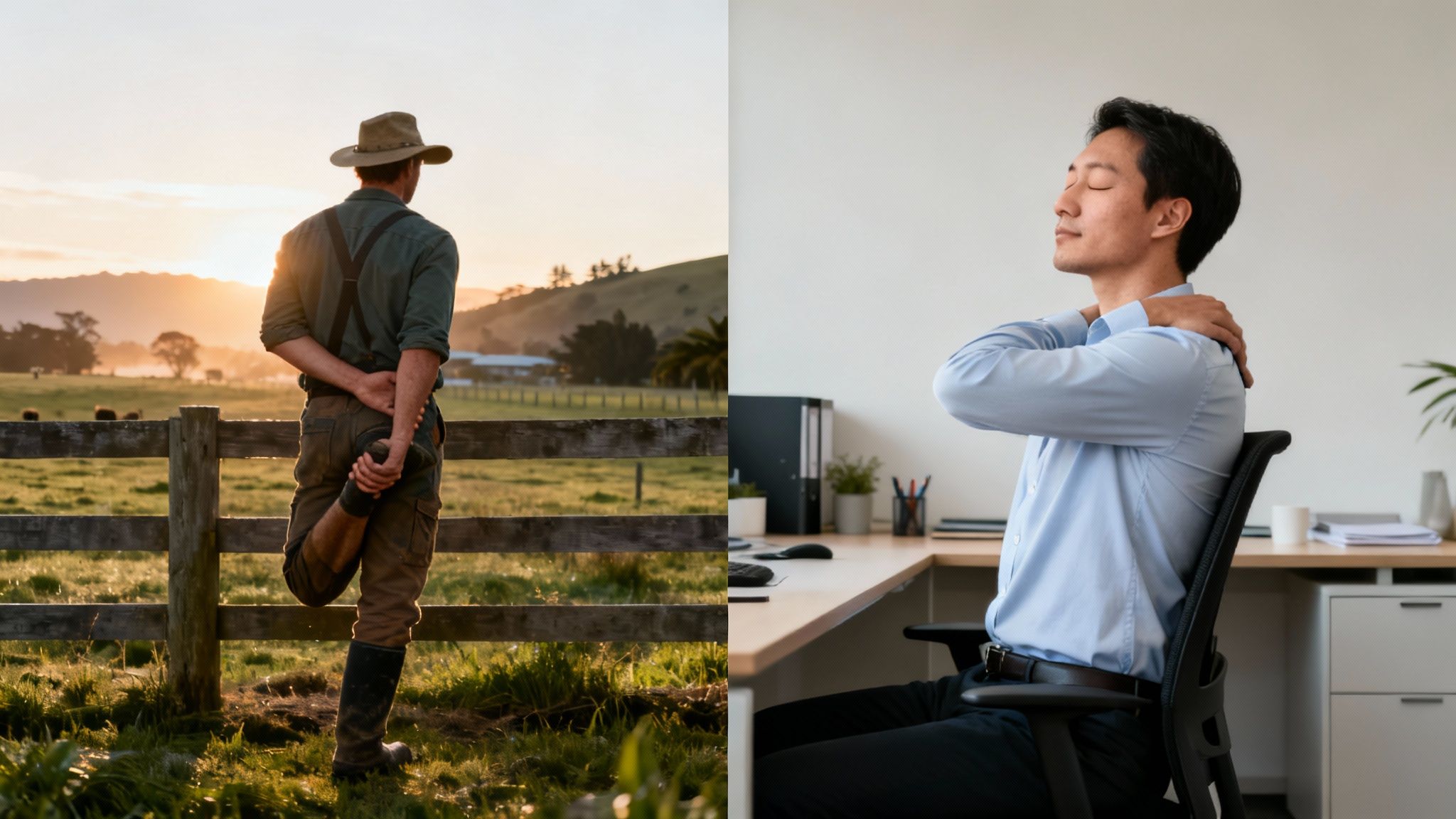 A farmer stretches his leg by a fence at sunrise, an office worker stretches shoulders at a desk.