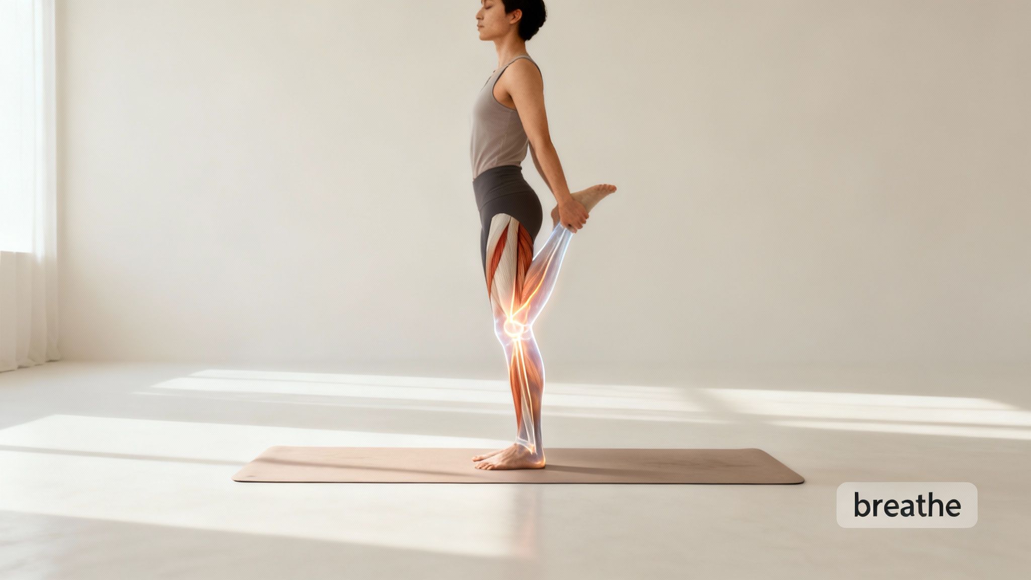 A person performs a quadriceps stretch with anatomical highlights on the right leg, showing muscles and joints.