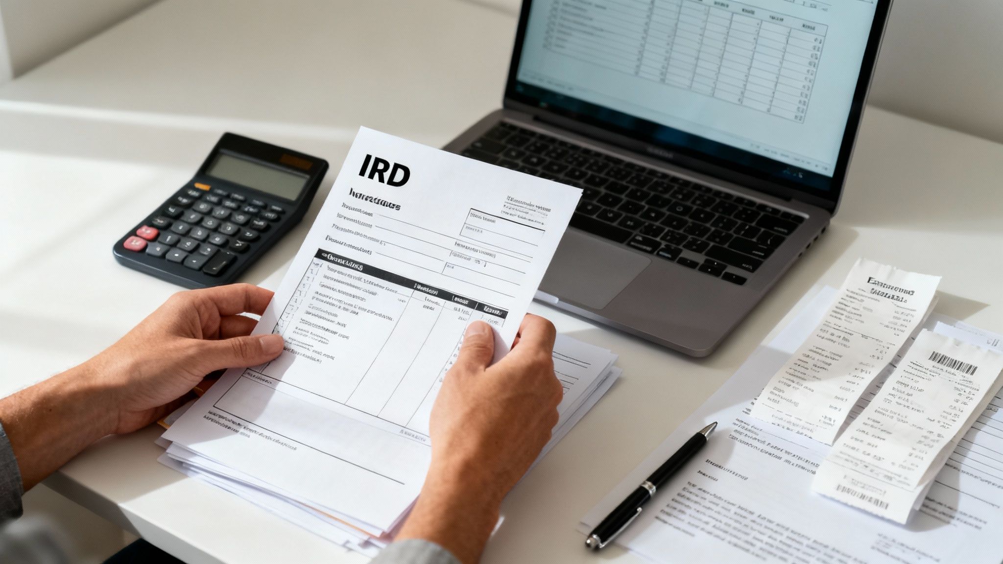 Hands holding a tax document (IRD) on a desk with a laptop, calculator, and receipts for financial work.