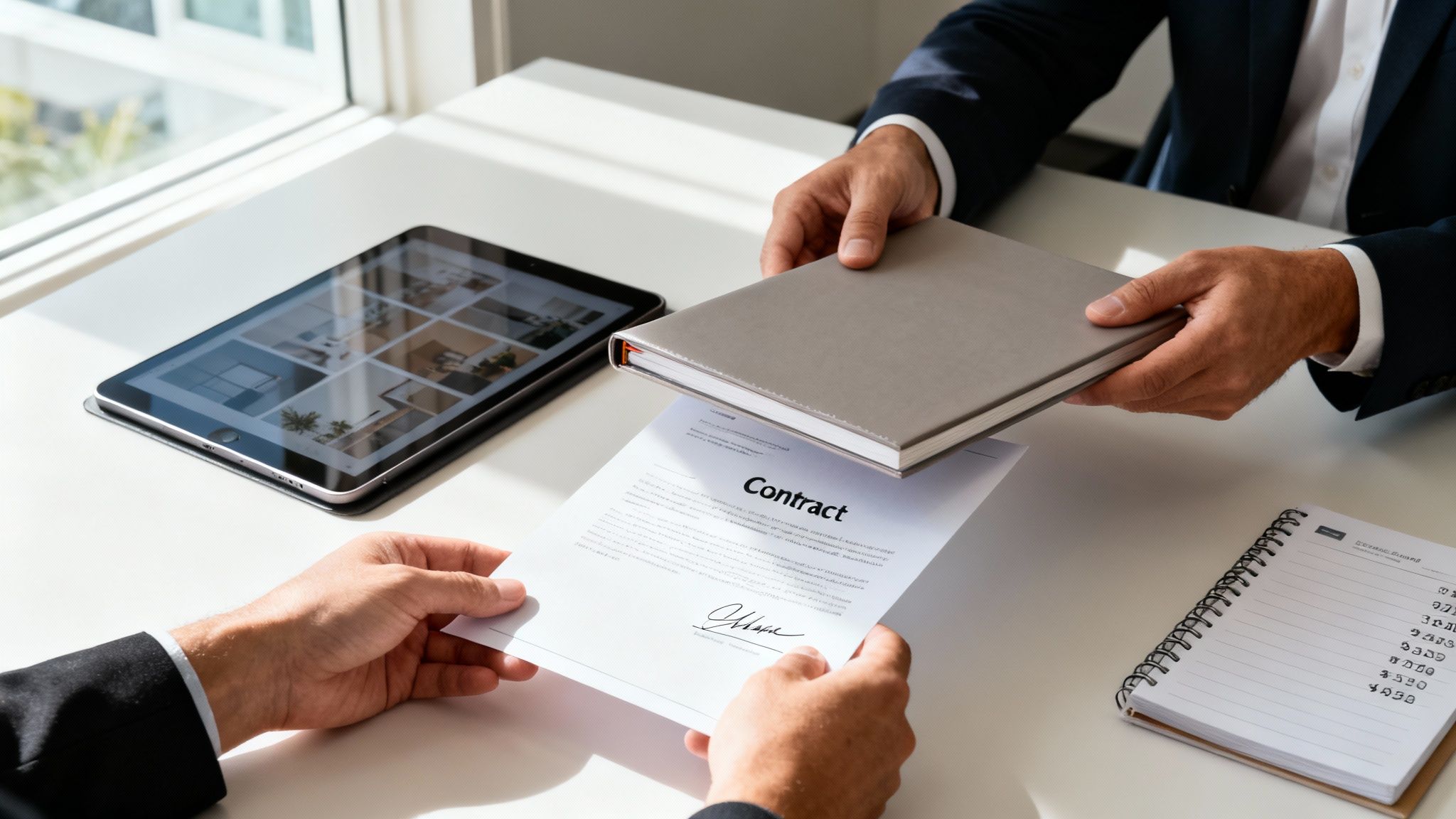 Two businessmen exchanging a signed contract on a white desk during a business meeting.