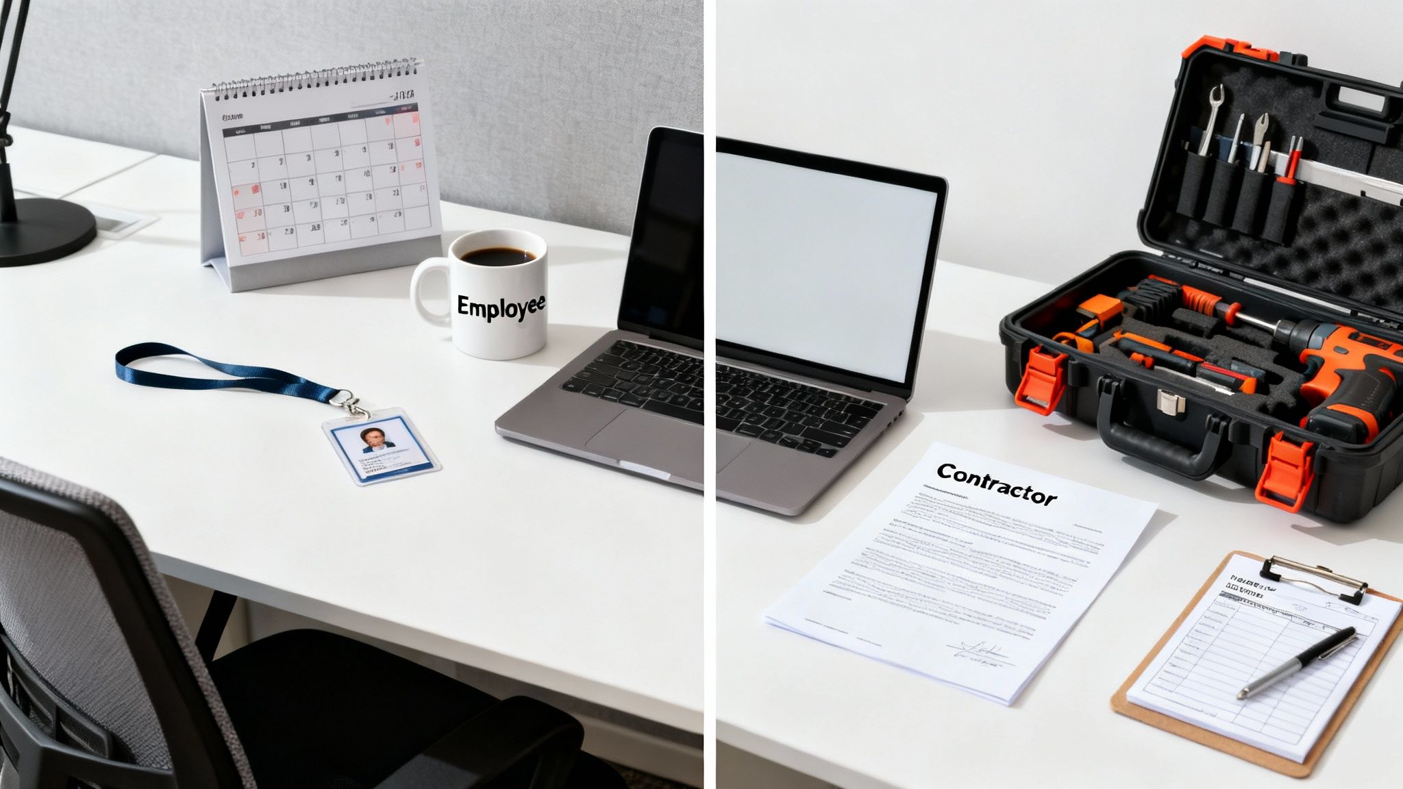 Split image comparing an employee's office desk with a contractor's tools and paperwork.