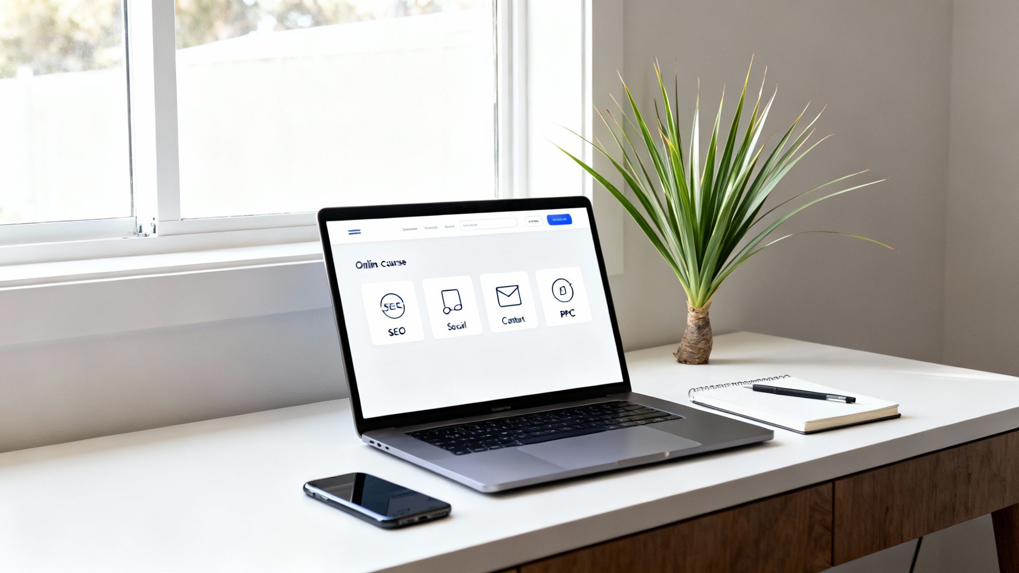 A laptop displaying an online marketing course interface on a clean white desk next to a plant and a smartphone.
