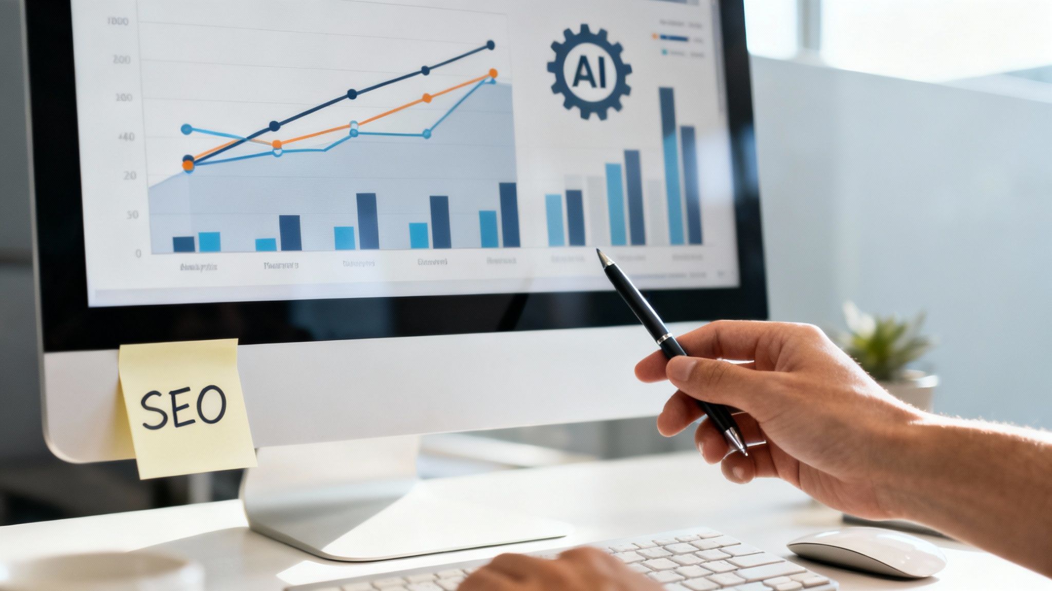 A person analyzes SEO performance graphs and AI data on a computer screen, with a 'SEO' sticky note.