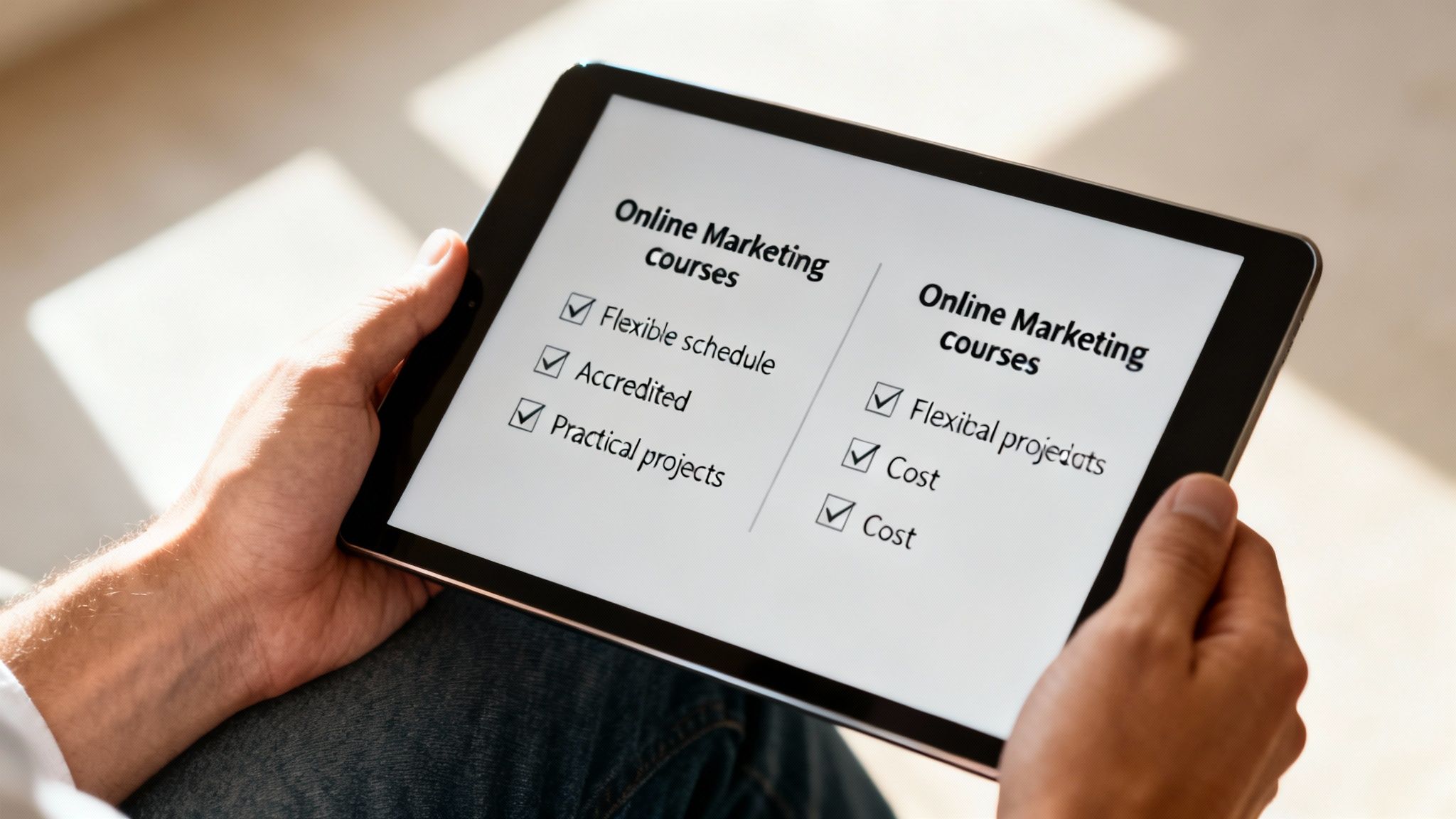 Hands holding a tablet displaying a checklist for online marketing courses with various features.