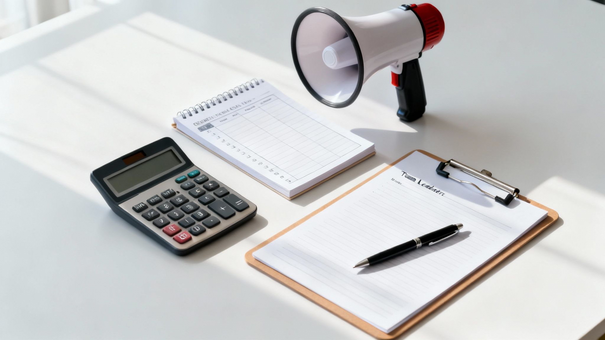 A calculator, notebook, megaphone, and clipboard with a pen on a bright white desk.