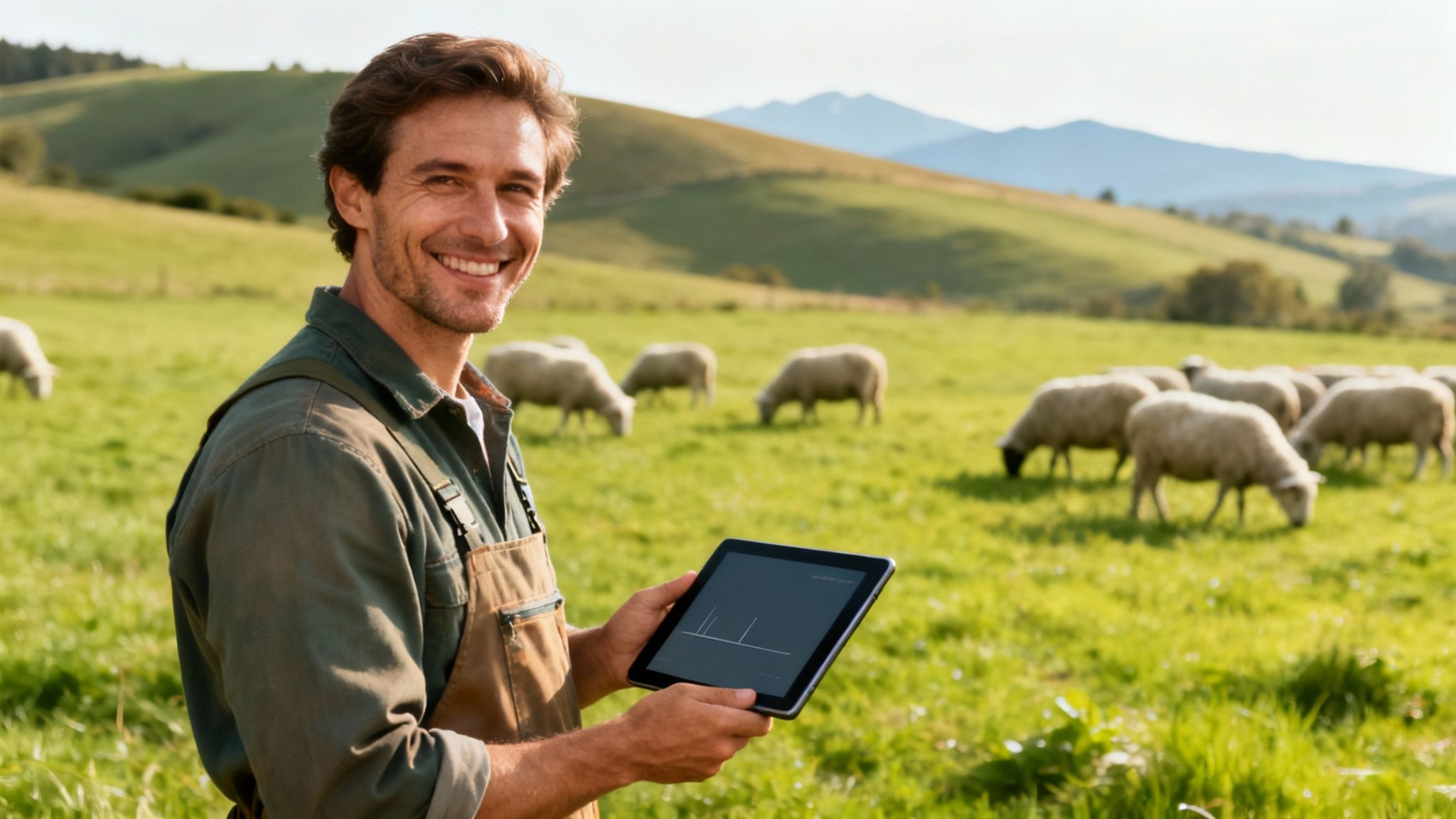 A smiling male farmer holds a tablet in a green field with sheep grazing.