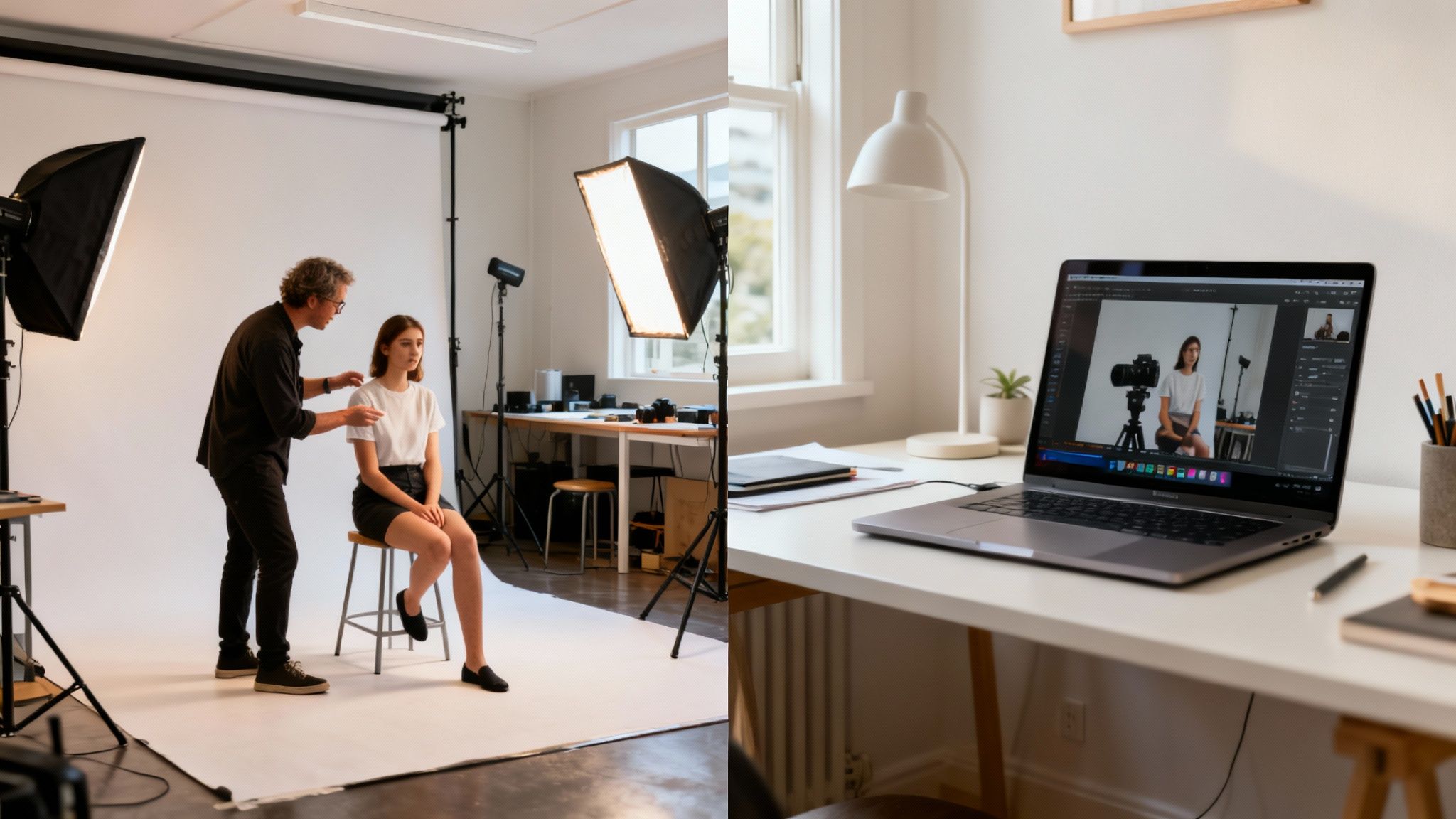 A photographer adjusts a model during a studio photoshoot, with a laptop on a desk displaying the session.