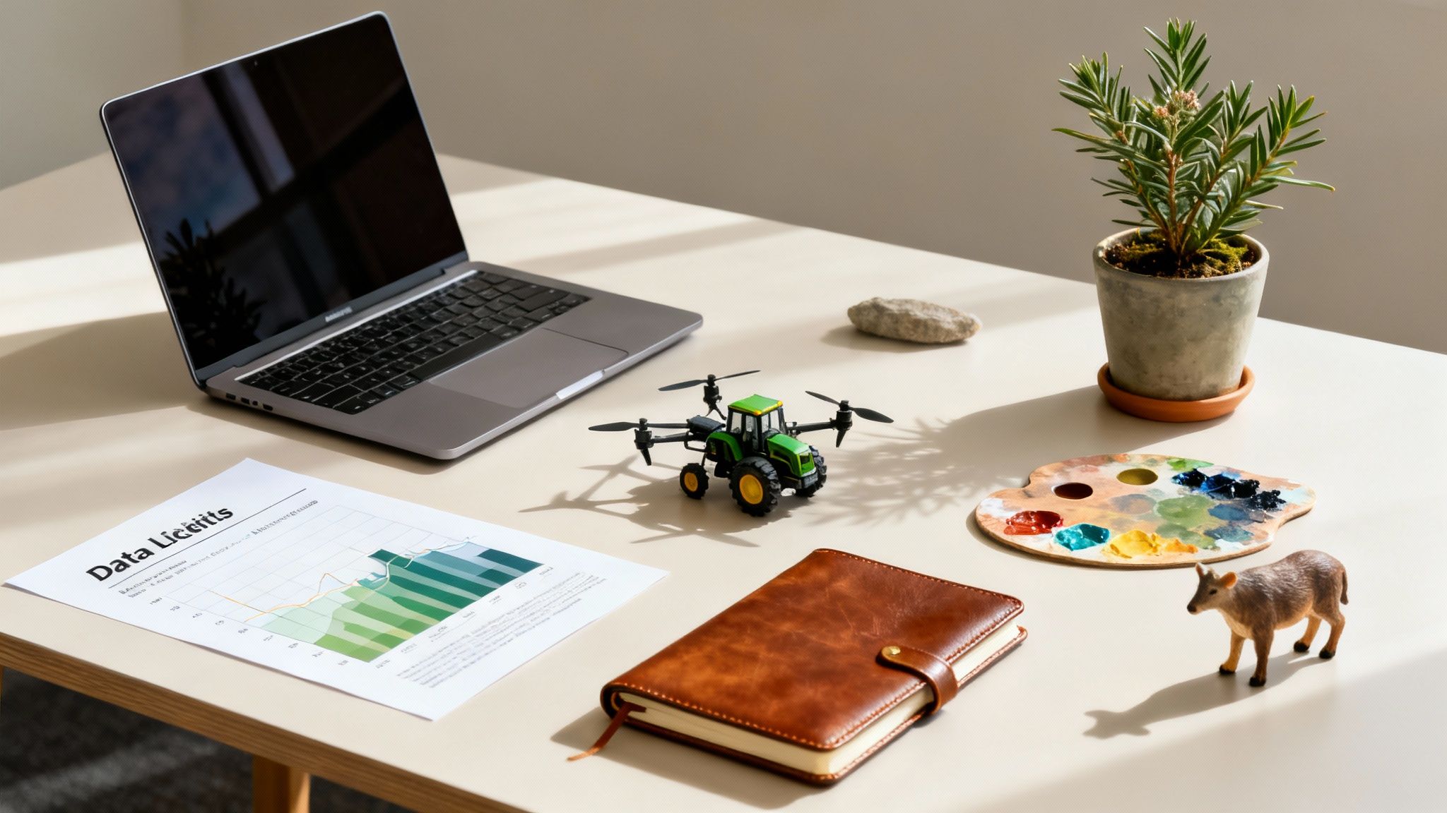 A desk with a laptop, data chart, drone tractor, plant, paint palette, and cow figurine.