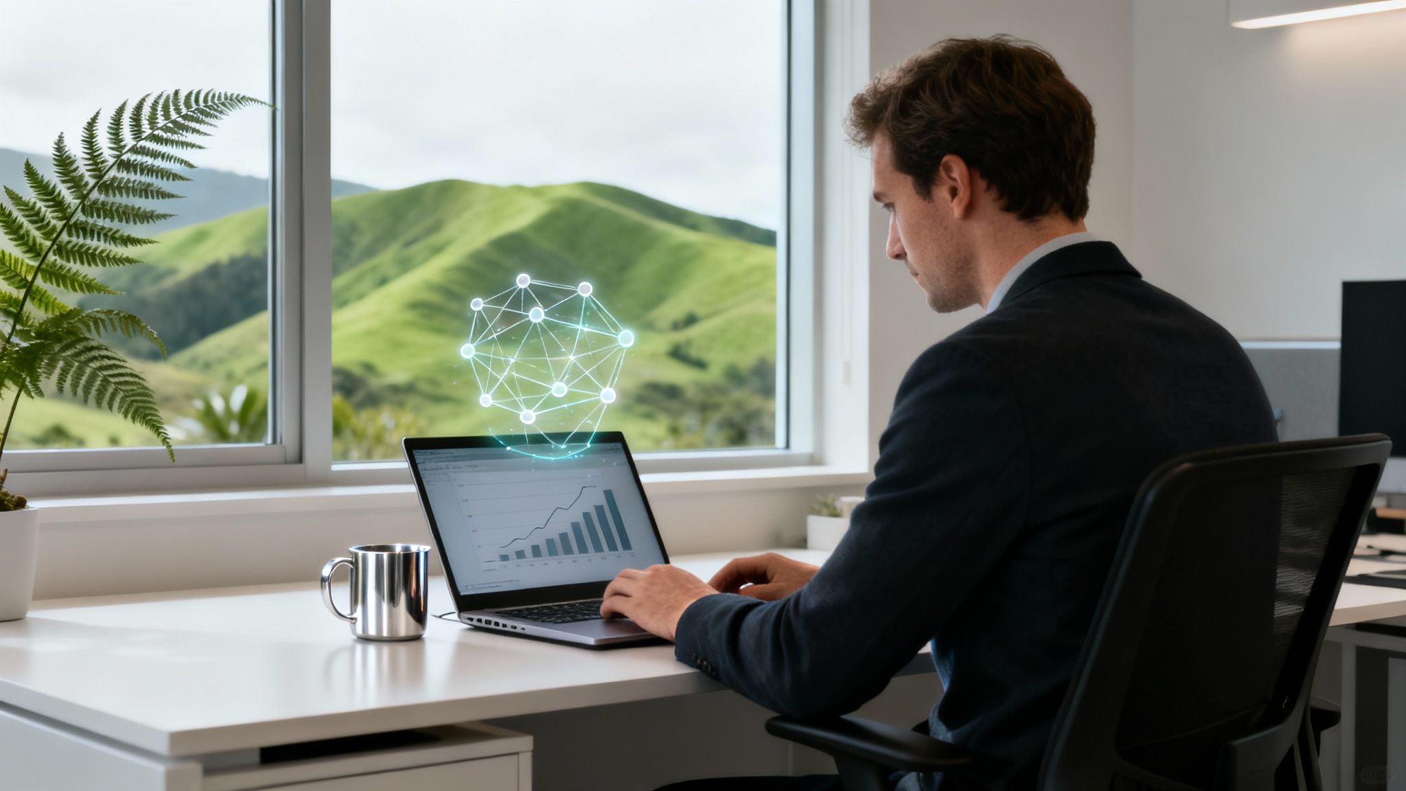 A professional man works on a laptop displaying data, with a futuristic network graphic floating above, overlooking scenic green hills.