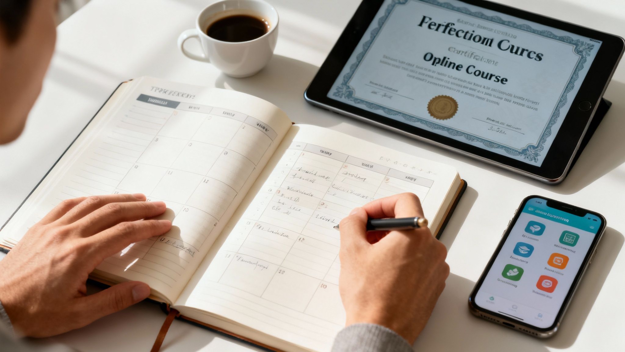 Person planning studies, writing in a planner next to a tablet displaying an online course certificate.