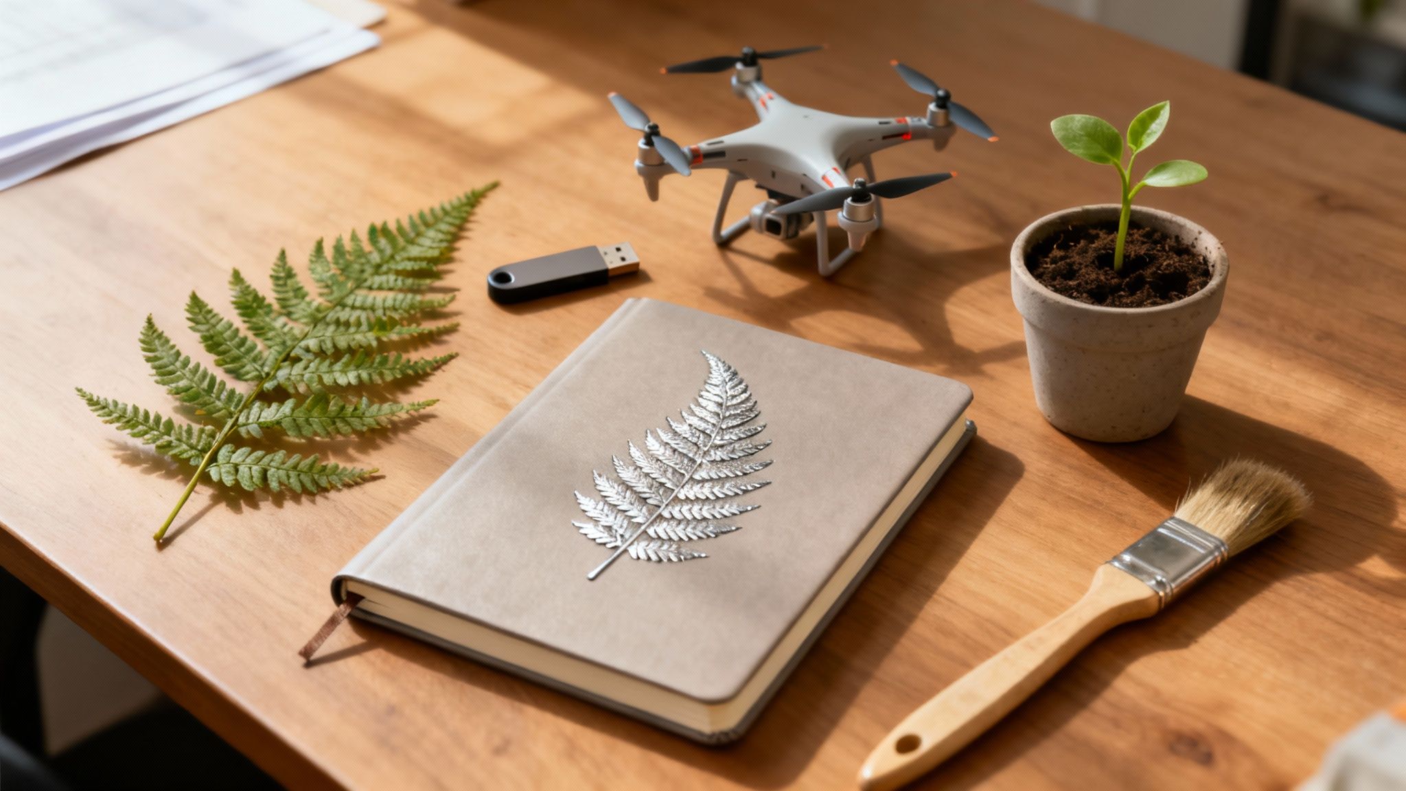 A flat lay of various items on a wooden desk: fern, drone, notebook, plant, USB, and paintbrush.