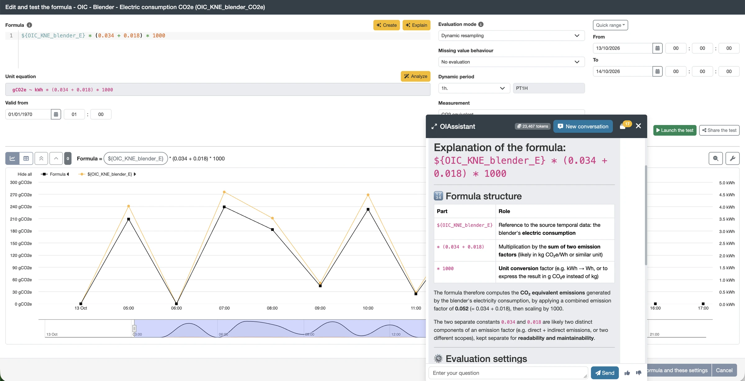 OIAnalytics formula editor with chart-based testing and formula explanation by OIAssistant