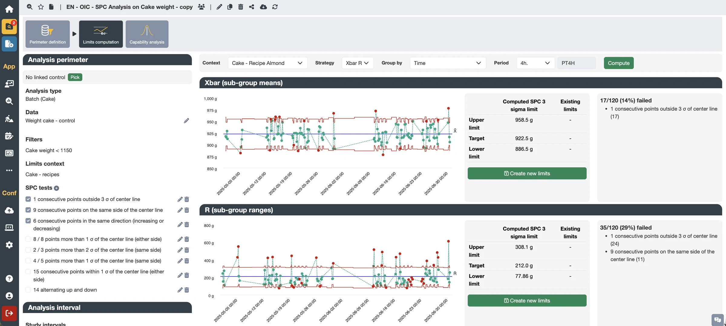 OIAnalytics SPC Analysis: Xbar-R charts, SPC tests and control limit computation