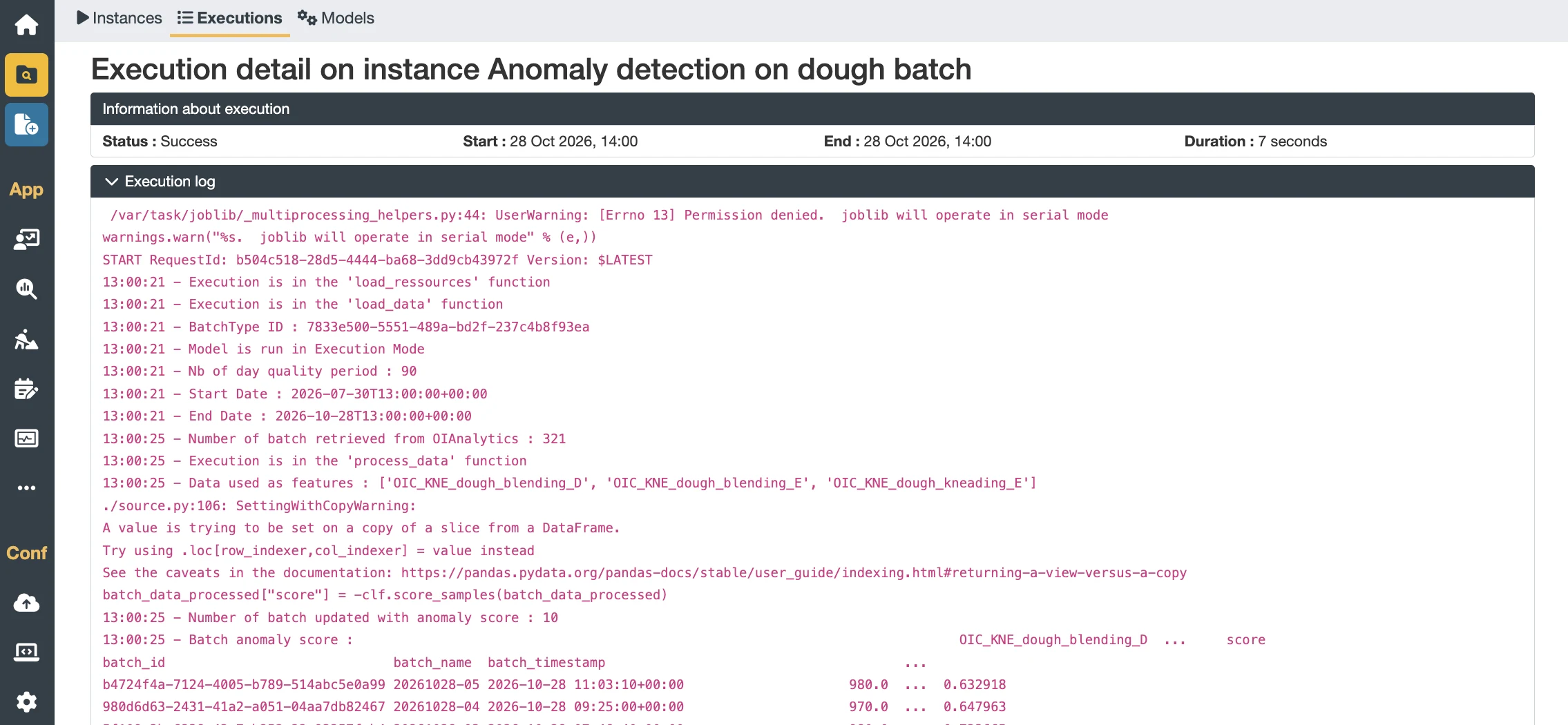 Python model execution report in OIAnalytics: status, duration and detailed execution log
