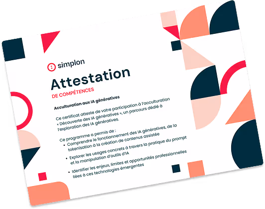 Certificate of Competence in Generative AI from Simplon, featuring abstract geometric designs.