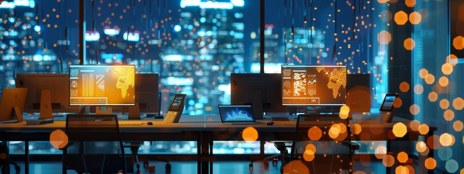 a modern office workspace features sleek computers displaying real-time data analytics, with glowing fiber optic cables artistically draped across the desks, highlighting the transformative power of high-speed internet for small businesses.