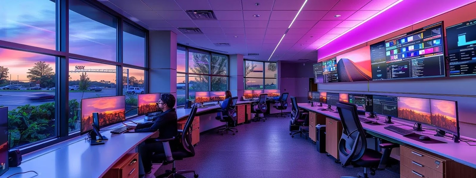 a modern office environment during a fiber optic installation showcases technicians efficiently working alongside business leaders, with equipment and laptops open, highlighting collaboration and strategic planning to overcome installation challenges.