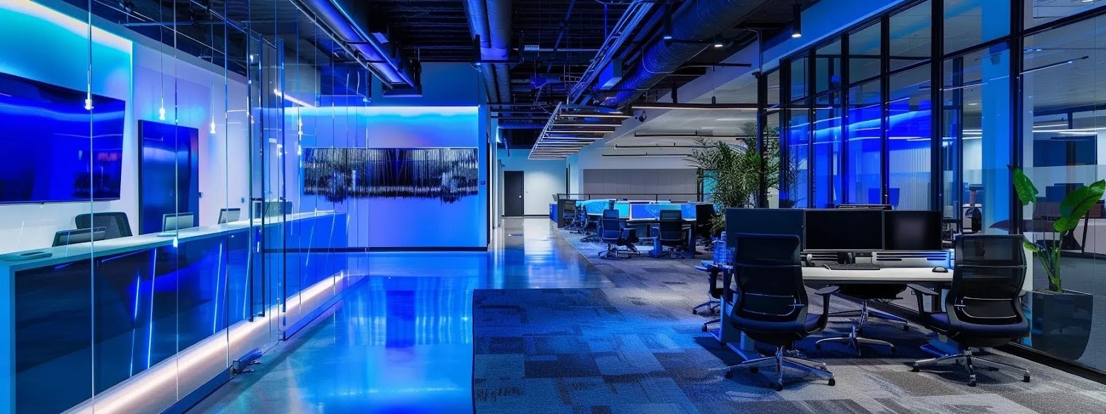 a sleek, modern office environment showcases high-tech fiber optic networking equipment with glowing cable strands, symbolizing the lightning-fast data transmission and enhanced connectivity essential for todayâs businesses.