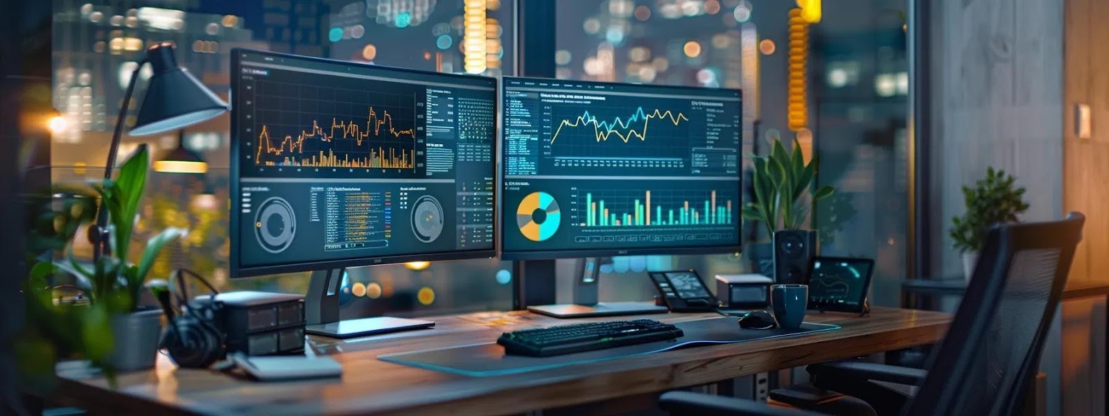 a modern office interior showcases a sleek workstation with dual monitors displaying real-time network performance analytics and cybersecurity dashboards, illuminated by ambient lighting, emphasizing cutting-edge technology and strategic optimization for fiber optic networks.
