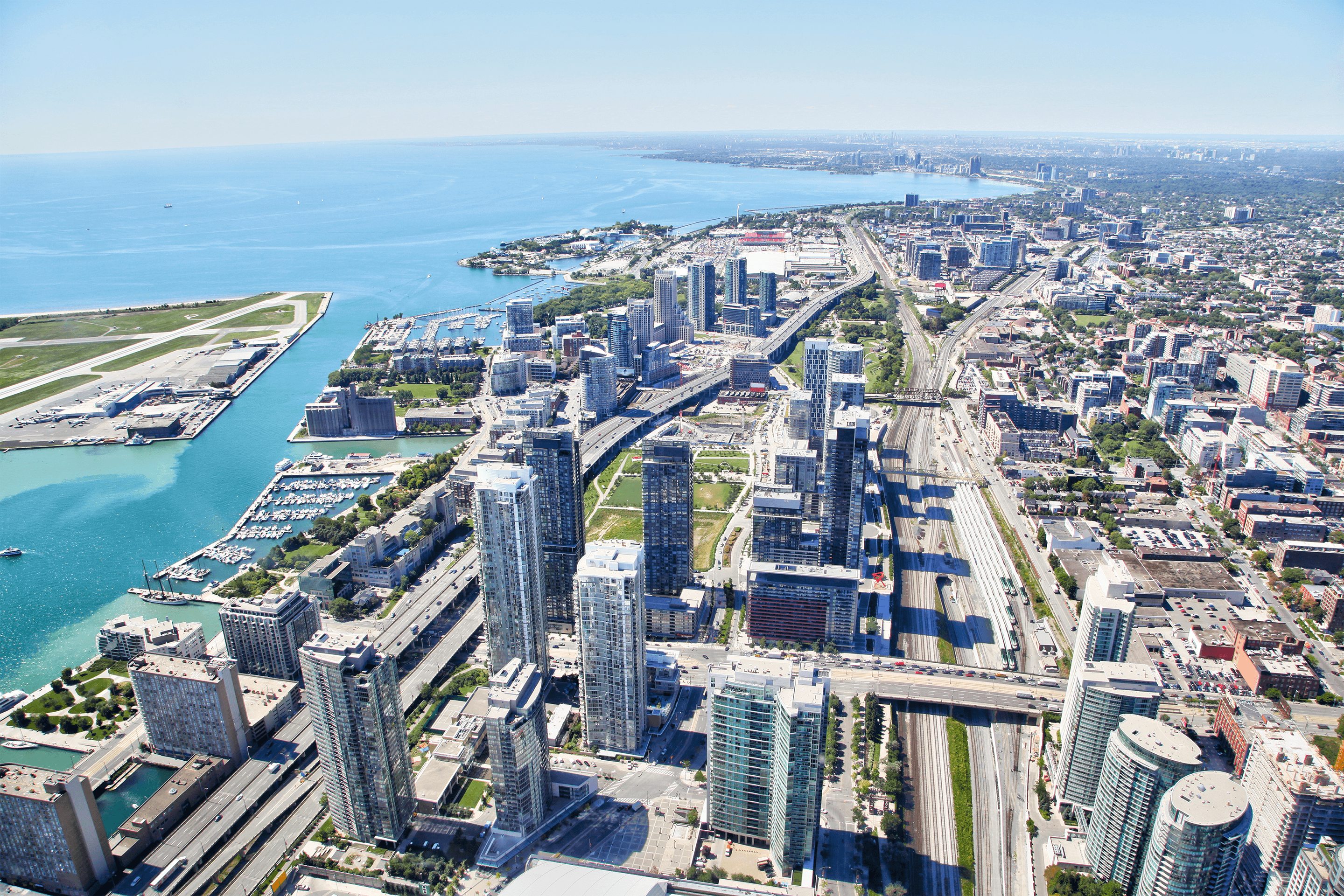 Aerial view of Toronto's harbourfront and cityscape along Lake Ontario