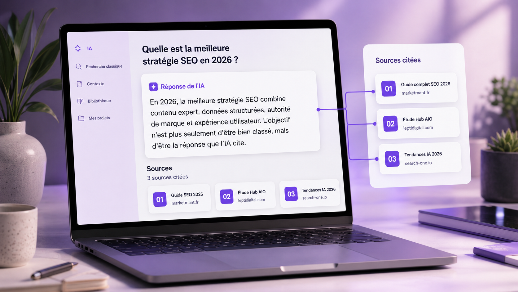 Réponse générée par une IA citant plusieurs sources, l'objectif de l'AEO