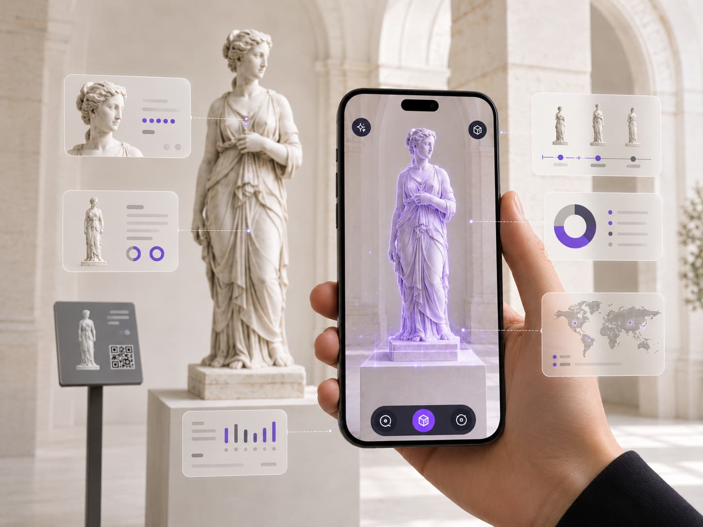 Statue de musée augmentée en réalité augmentée avec fiches d'information déclenchées par la caméra d'un smartphone sans application