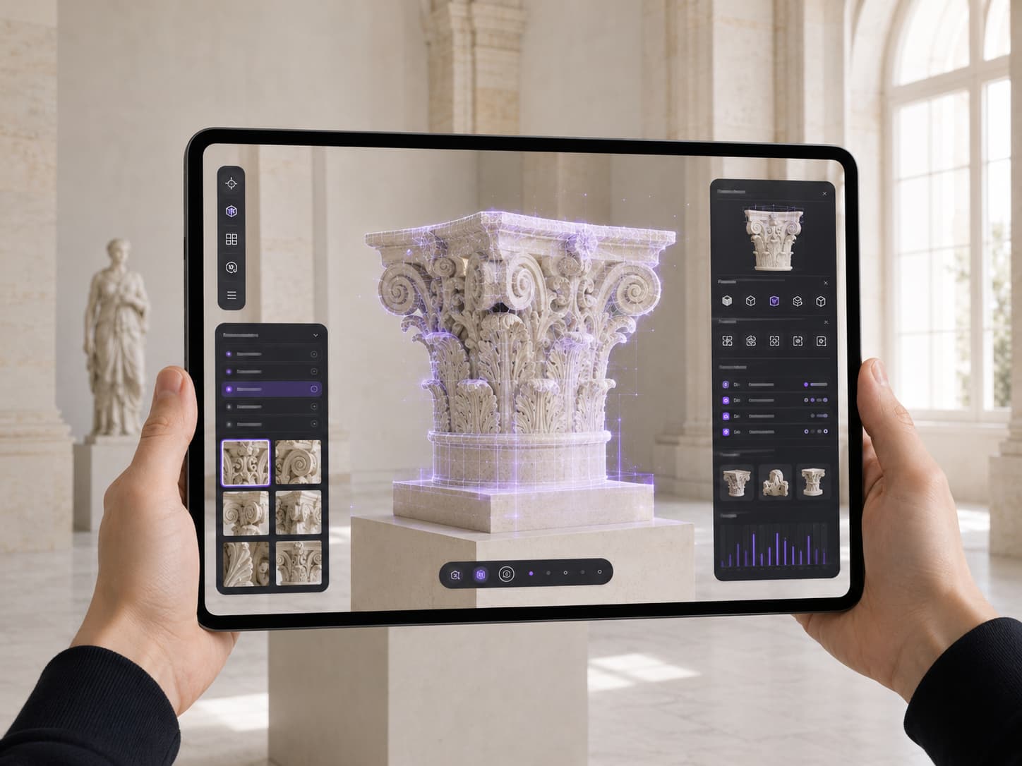 Visiteur explorant un chapiteau antique reconstitué en 3D sur tablette dans une application de visite sans téléchargement