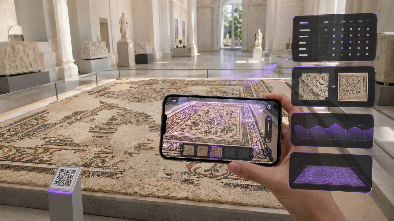 Visiteur pointant son smartphone vers une mosaïque antique pour afficher des contenus en réalité augmentée sans application
