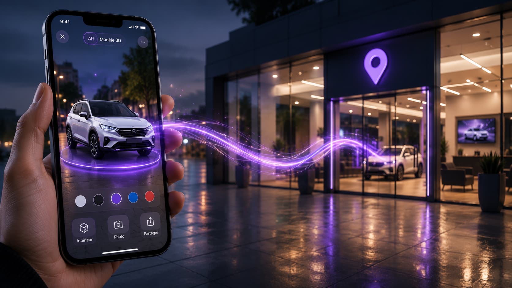 Voiture visualisée en réalité augmentée sur smartphone, reliée par un flux lumineux à un point de vente
