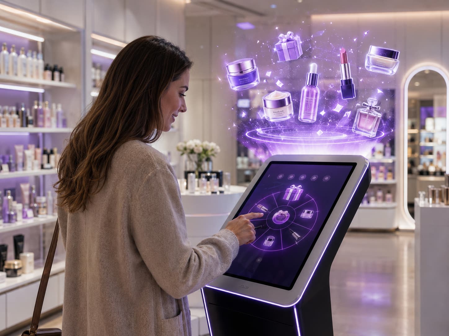 Borne interactive en point de vente : un client active un jeu à récompense, dispositif drive-to-store en magasin