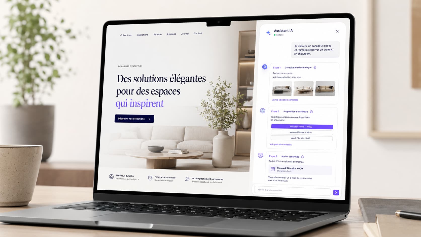 Agent IA intégré à un site web montrant ses étapes d’action dans un panneau de conversation
