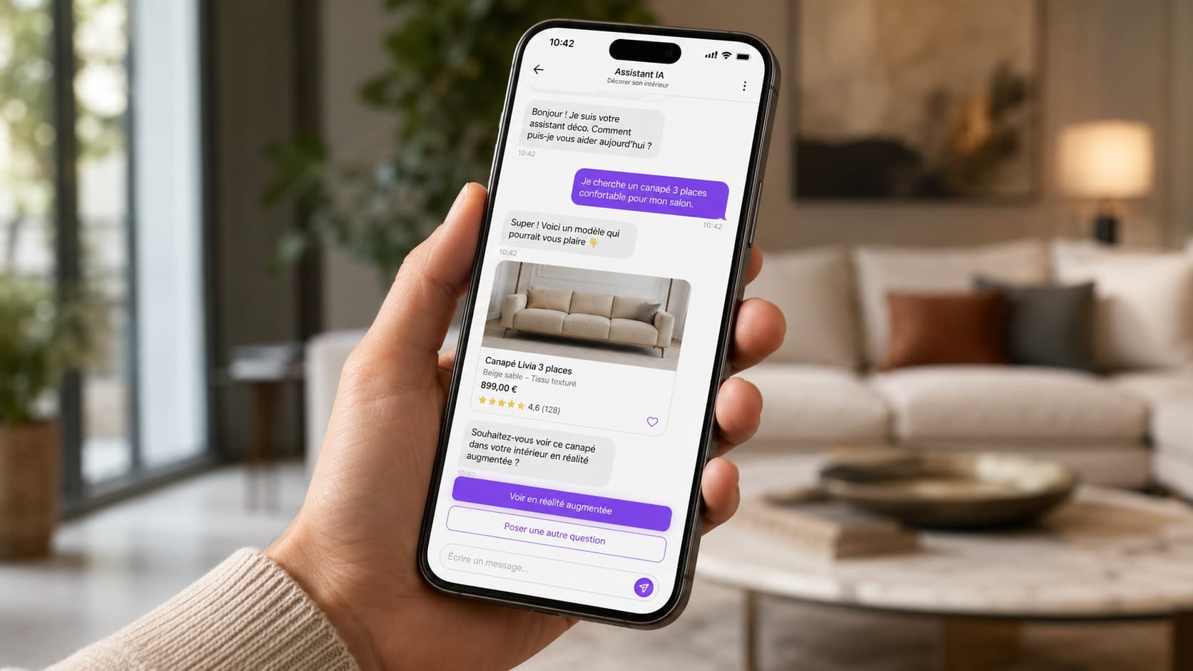 Agent IA conversationnel sur mobile guidant un visiteur vers un produit et une visualisation en réalité augmentée