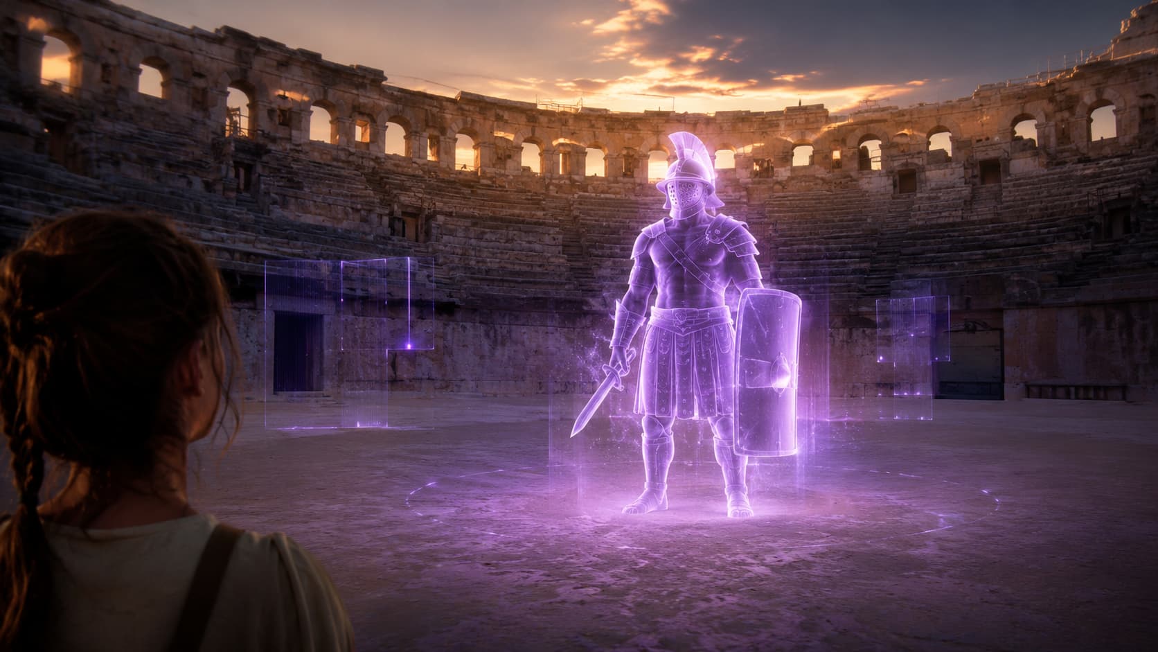 Visiteuse découvrant un gladiateur romain reconstitué en réalité augmentée dans des arènes antiques