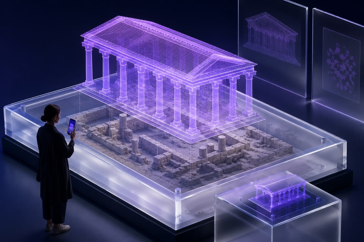 Maquette de musée avec reconstitution 3D augmentée d’un temple et contenus contextuels superposés