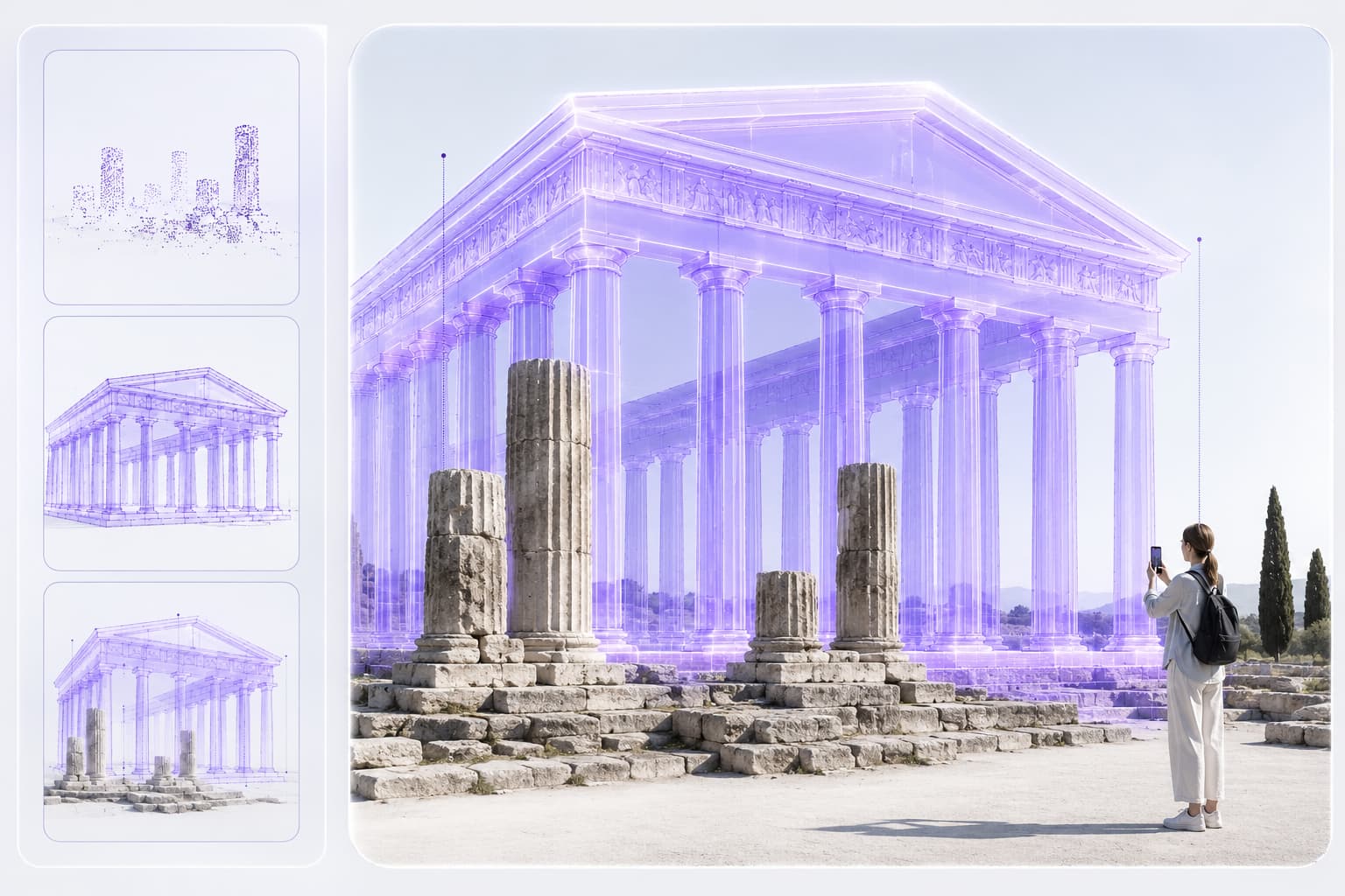Temple antique reconstitué en réalité augmentée au-dessus de ses vestiges, observé par une visiteuse au smartphone